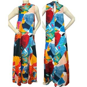 NICOLE MILLER NEW YORK Multicolor Abstract Sleeveless Halter Silky Maxi Dress XL